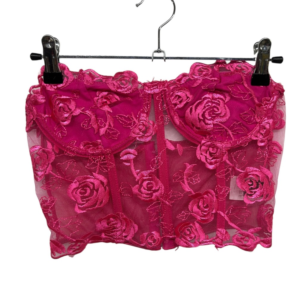 Embroidered Rose Mesh Corset Bustier Top S Hot Pink Sheer Underwire Y2K Coquette
